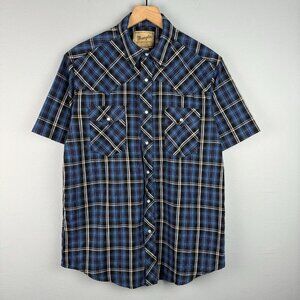 Wrangler Men's Western Wrancher‎ Pearl Snap Shirt Blue Plaid S/S Size Large L